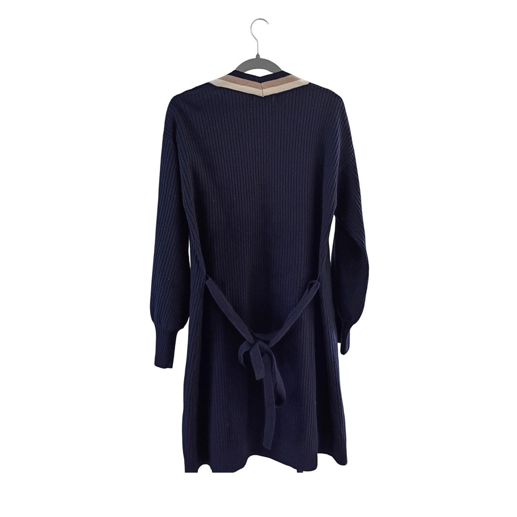 Coastal Grandma Navy Striped Ribbed Tie Waist Long Cardigan William B