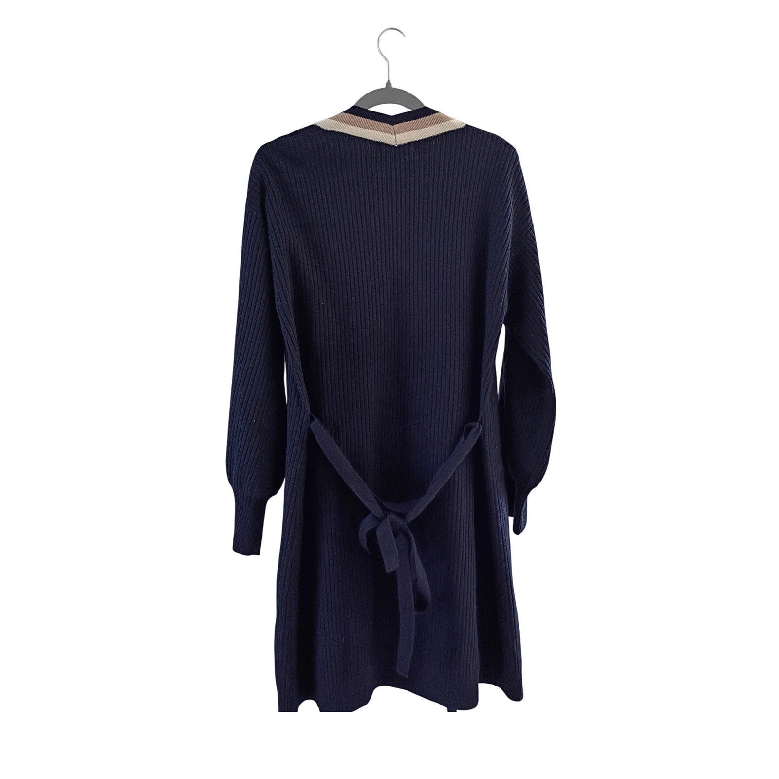 Coastal Grandma Navy Striped Ribbed Tie Waist Long Cardigan William B