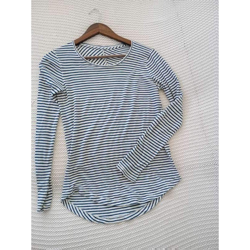 Madewell Coastal Blue White Striped Tee 100% Cotton Scoop Neck Long Sleeve Small