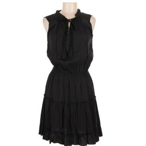 Insulation 100% Cotton Tiered Mini Dress M Black Ruffle Tie Neck Boho Dainty LBD