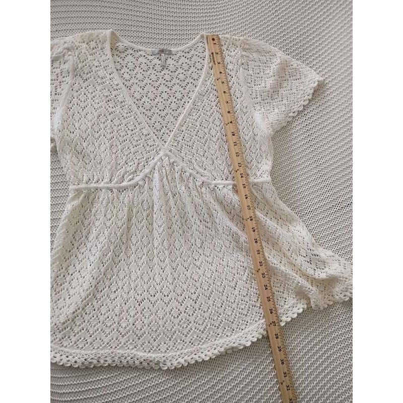 Metro 7  100% Cotton M/L White Crochet Knit Peplum V-Neck Top Short Sleeve