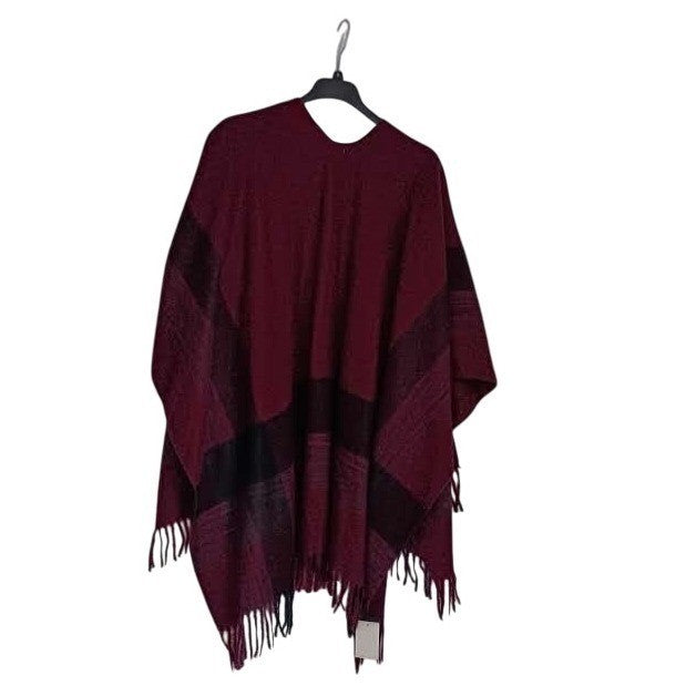 RHEA Cozy Burgundy Southwestern Plaid Fringe Ruana Poncho Wrap NWT L/XL Boho