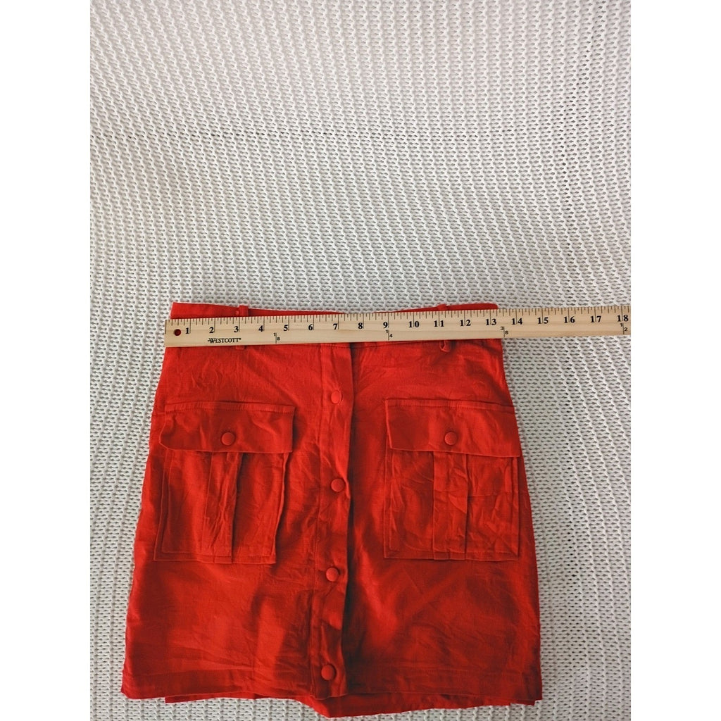 Idem Ditto XS Red Linen Cargo Mini Skirt High Waist Button Front Utility Pockets