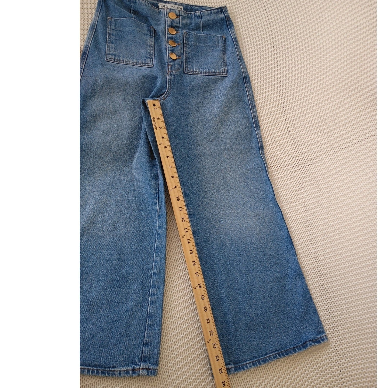 ZARA Super High Rise 13" Wide Leg Jeans Blue Patch Pocket Button Fly 4 W26x25