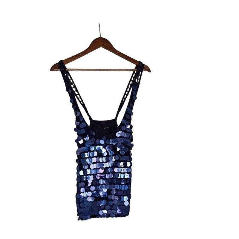 Splendid Navy Sequin Crochet Tank Top M L Medium Iridescent Paillette Festival