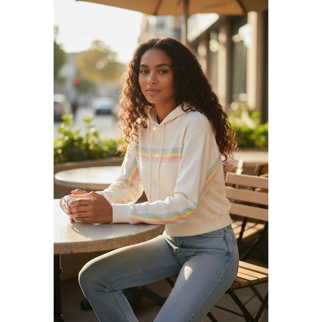 SPIRITUAL GANGSTER Rainbow Stripe Crop Hoodie M Cream Cotton Modal Yoga