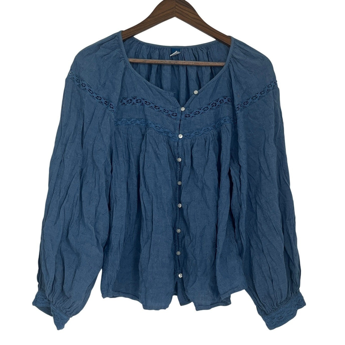 Old Navy Boho Embroidered Peasant Blouse Blue Lace Inset Cottagecore Top M