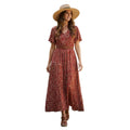 NWT Grecerelle Red Paisley Floral Maxi Dress V-Neck Short Sleeve Elastic Waist M