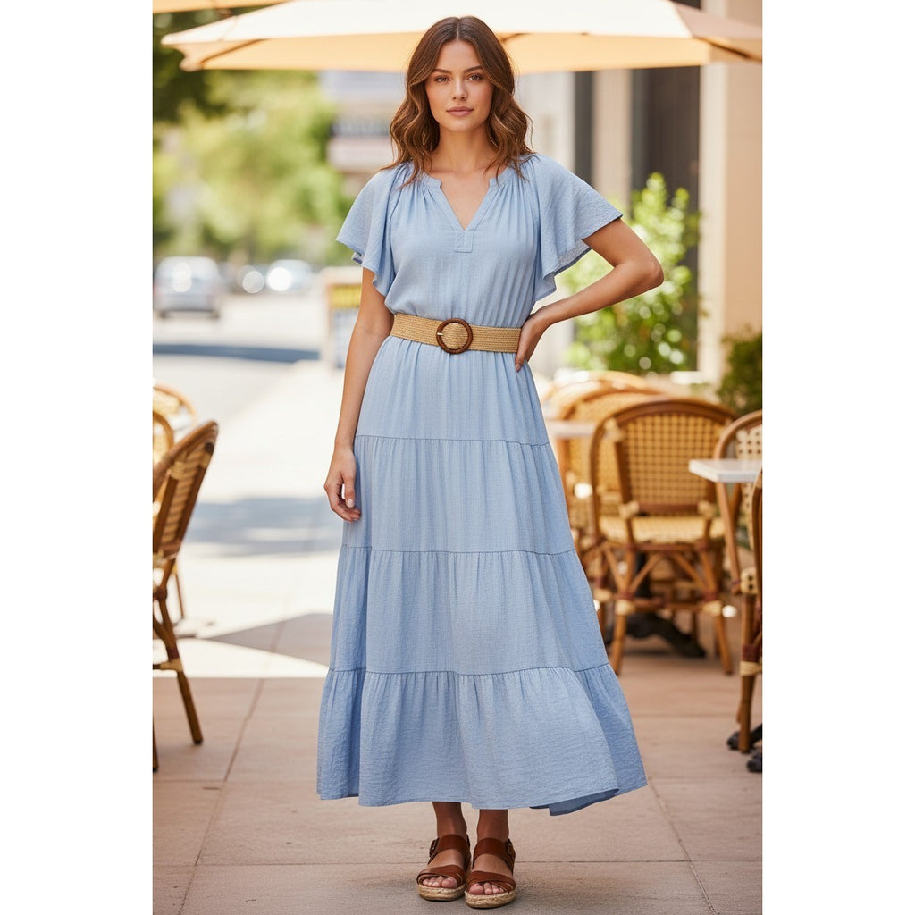 Market & Spruce Light Blue Tiered Maxi Dress XL V-Neck Flutter Sleeve Cotton Bld