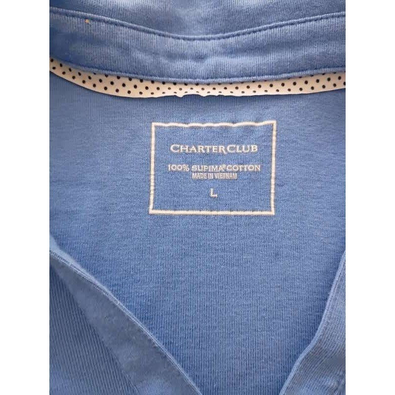 Charter Club Blue 100% Supima Cotton Long Sleeve Split V-Neck Polo Shirt L