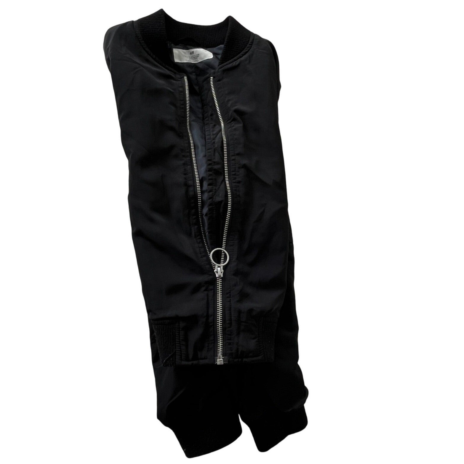 H M Black Bomber Jacket Full Zip Ring Detail Ribbed Cuffs Sz 10 11