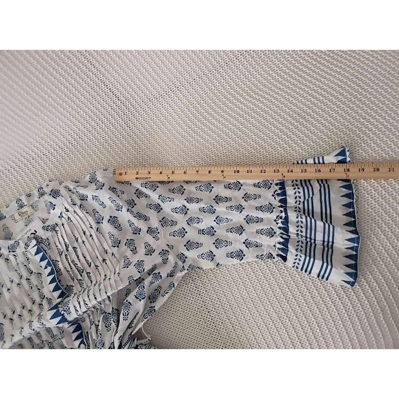 RHEA Blue White Block Print 100% Cotton Blouse L/XL Boho Bell Sleeve Tie Artisan