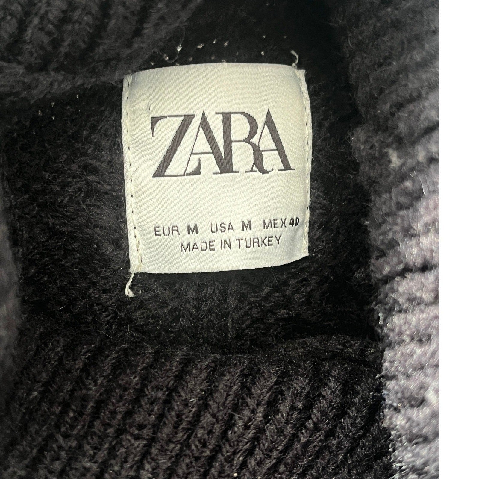 ZARA Black Cable Knit Fisherman Turtleneck Sweater 20% Wool Chunky Warm Winter M