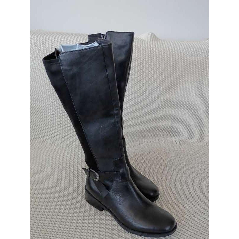 E TOO Black Leather Knee High Riding Boots Low Block Heel Buckle Detail 9