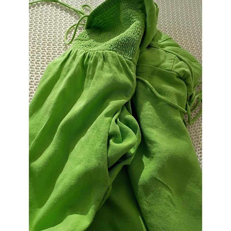 Old Navy Green Smocked Linen Blend Square Neck Tie Shoulder Mini Dress Women L