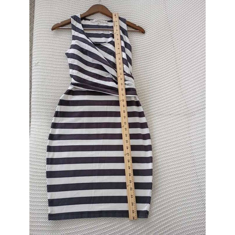 Rachel Roy Black/Wht Cotton Striped Slvless Draped Sheath Midi Dress Fits S $129