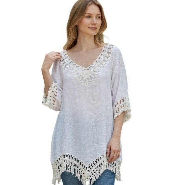 VENUS Made in Italy White Crochet Lace Cotton V Neck Tunic Cover Up Boho L
