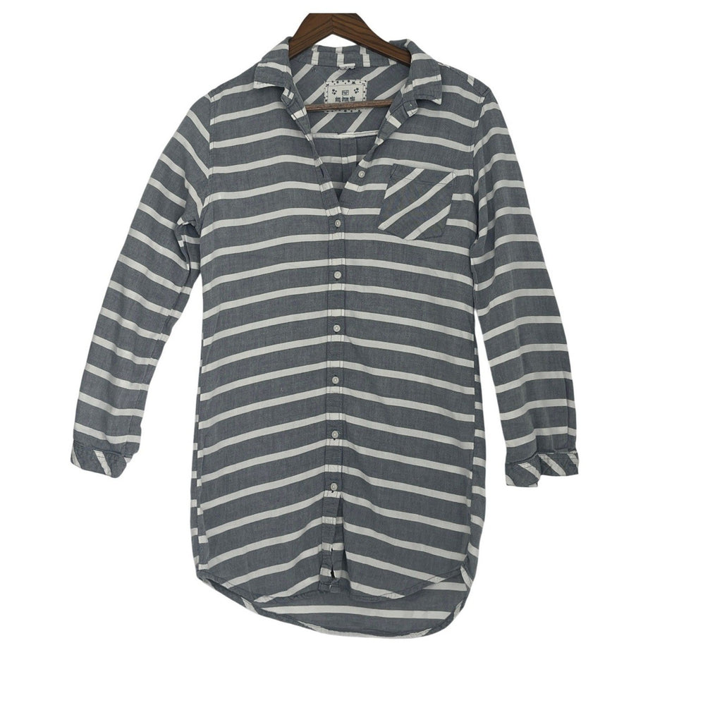 F&F 100% Cotton Sleep Dream Relax Blue White Stripe Button Up Shirt Tunic Fits S
