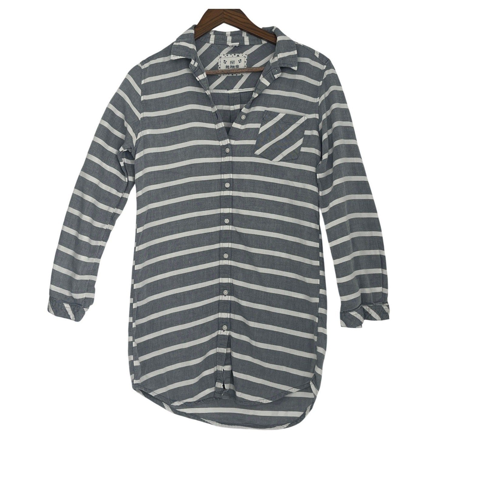 F&F 100% Cotton Sleep Dream Relax Blue White Stripe Button Up Shirt Tunic Fits S