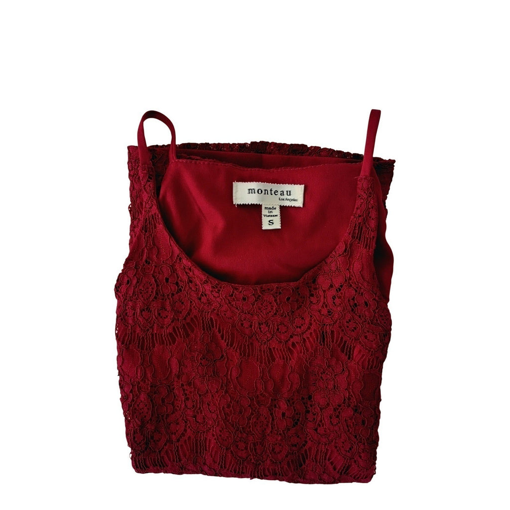 MONTEAU LA Burgundy Lace Halter Top S Romantic Coquette Elegant Cotton Blend