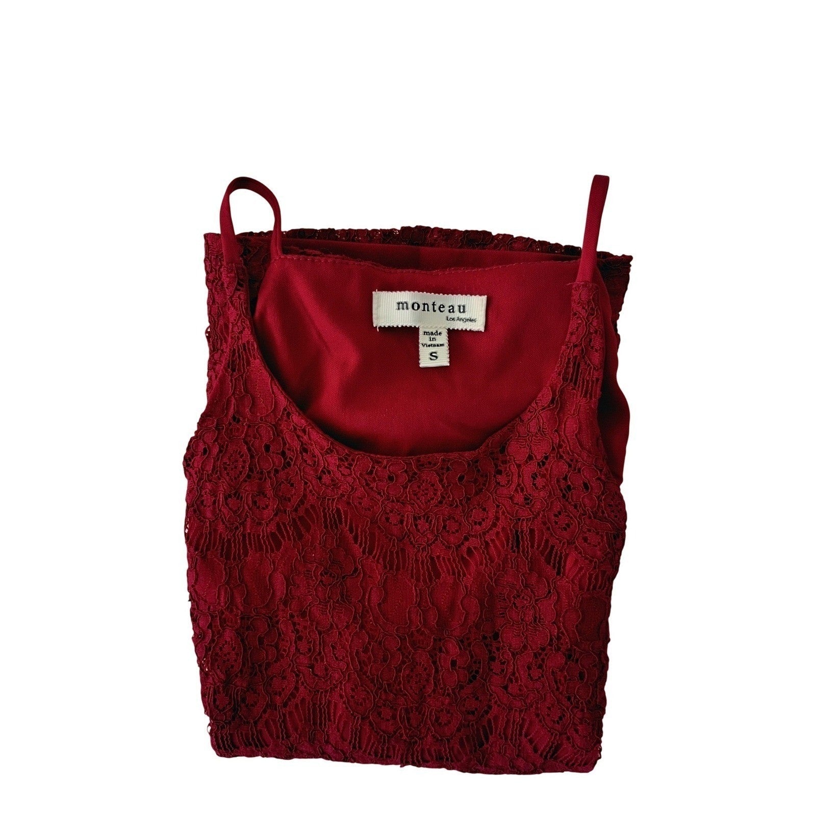 MONTEAU LA Burgundy Lace Halter Top S Romantic Coquette Elegant Cotton Blend