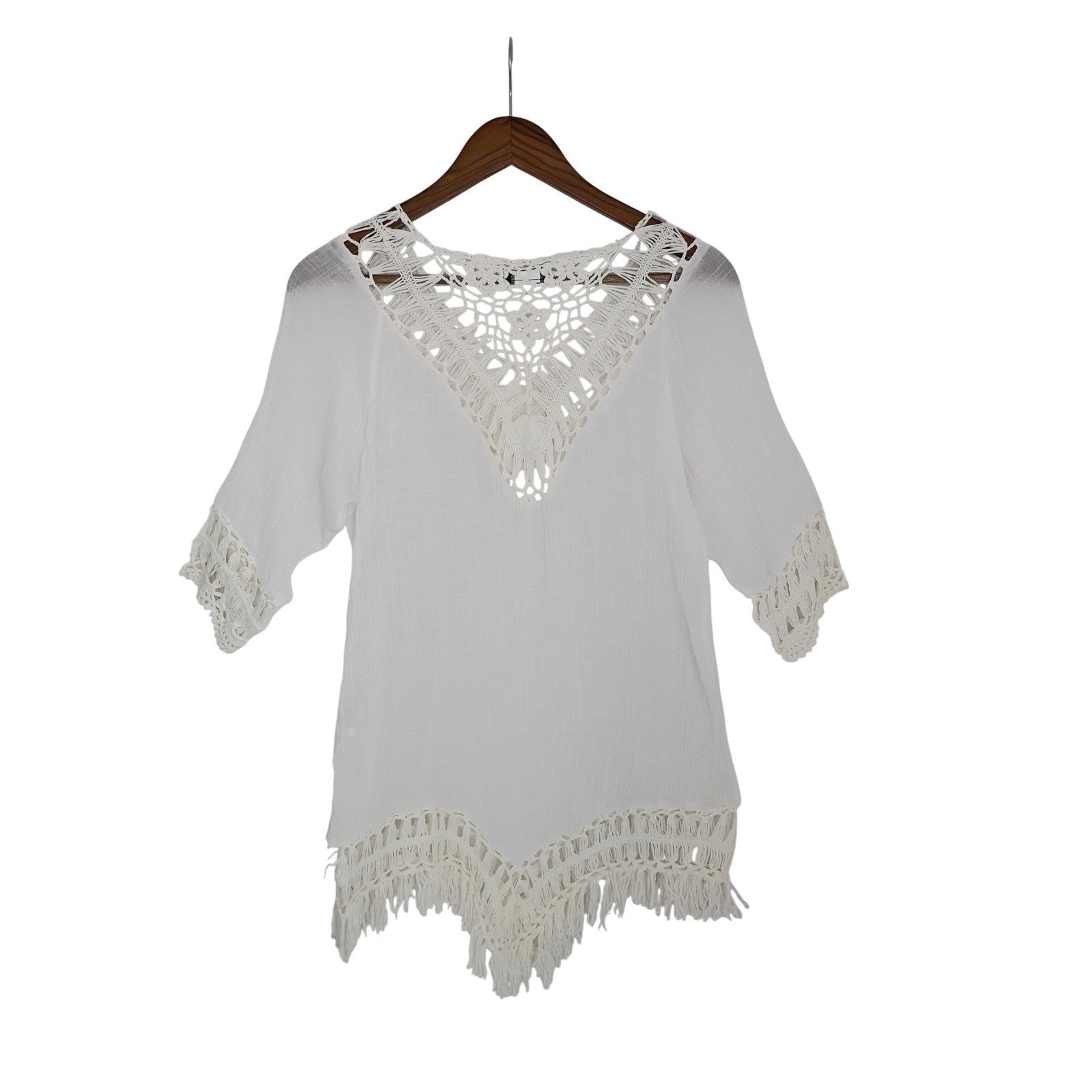 VENUS Made in Italy White Crochet Lace Cotton V Neck Tunic Cover Up Boho L