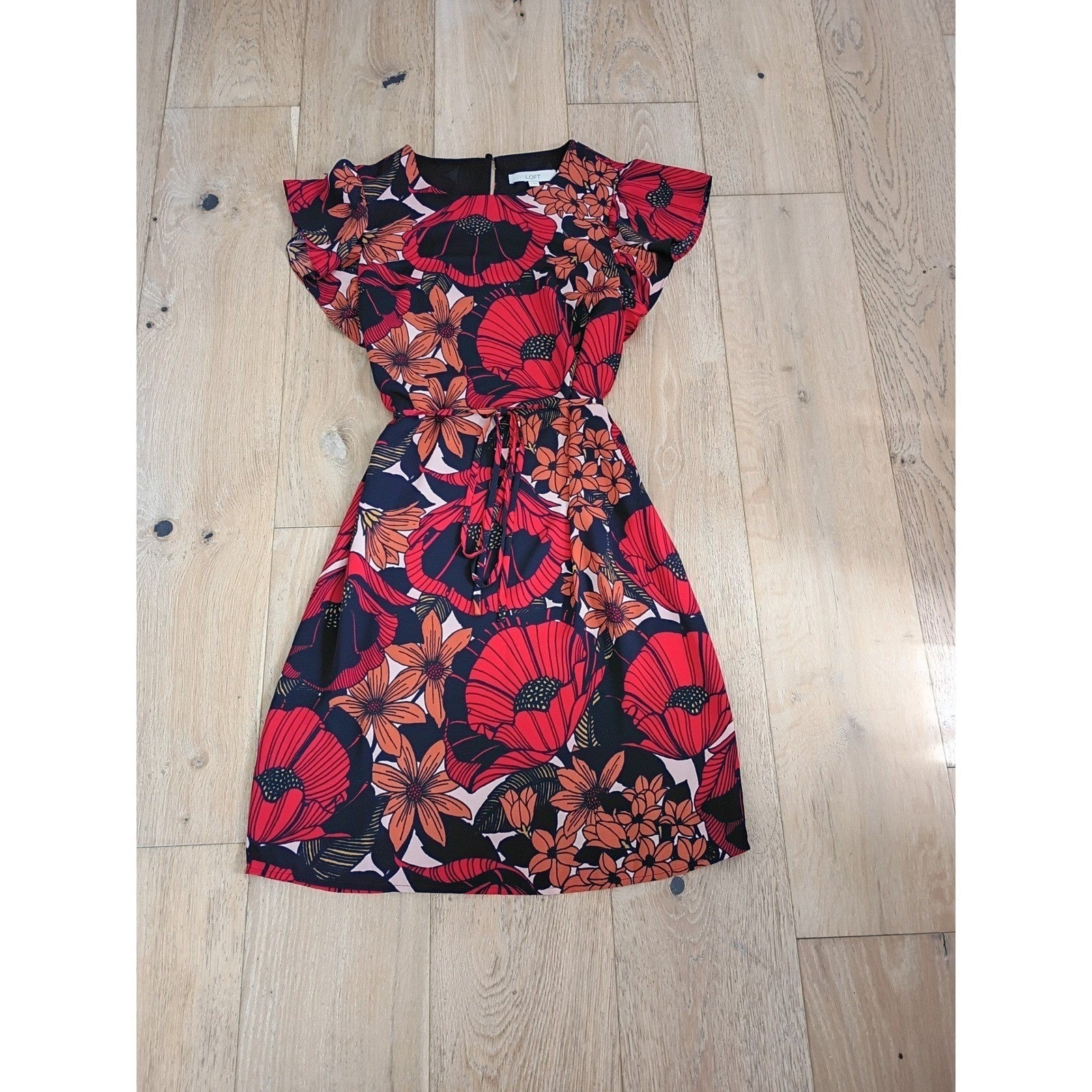 LOFT Poppy Floral Flutter Sleeve Tie Waist Mini Dress S Black Orange Boho Summer
