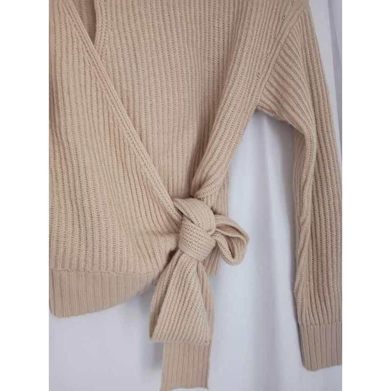 ASTR The Label Chic Elegant Cream Ribbed Mock Neck Wrap Tie Sweater Size S