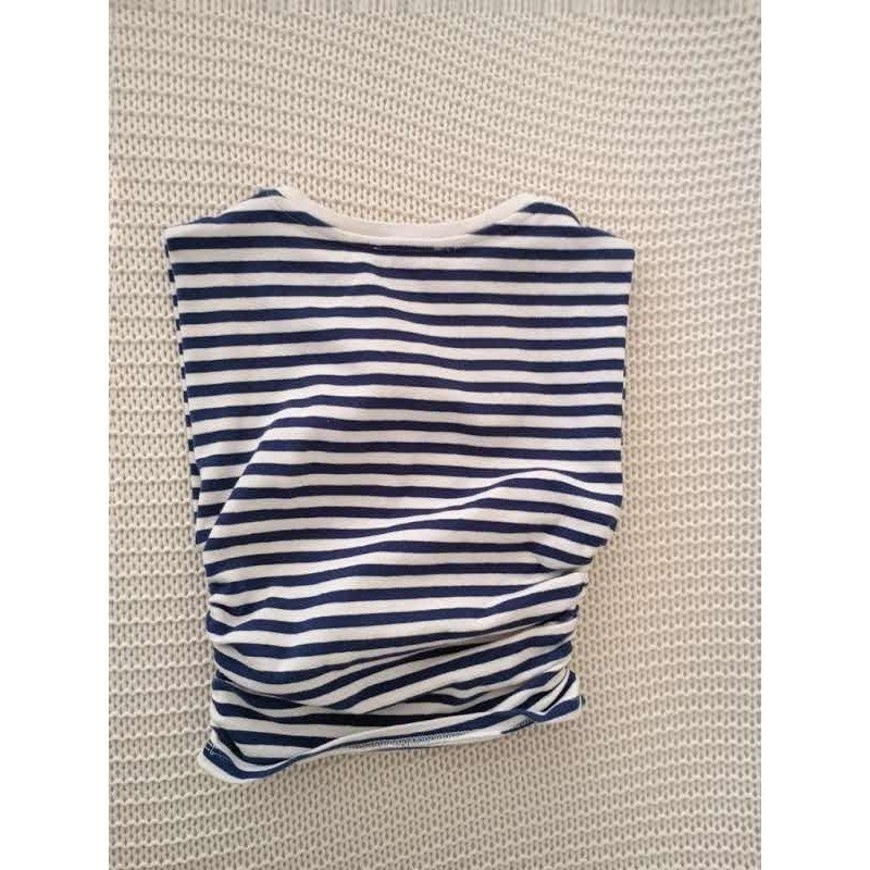 Zara Navy Blue White Striped Ruched Side T-Shirt Short Sleeve Women's Size S