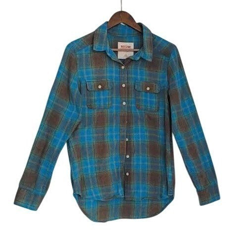 MOSSIMO SUPPLY CO Plaid Flannel Button Up Shirt Blue Brown L Cotton Blen