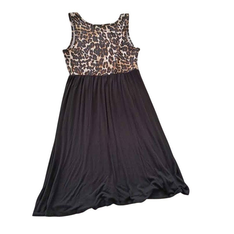 Coco USA Leopard Print Skater Dress Fit & Flare Black Sleeveless L Fits M Boho