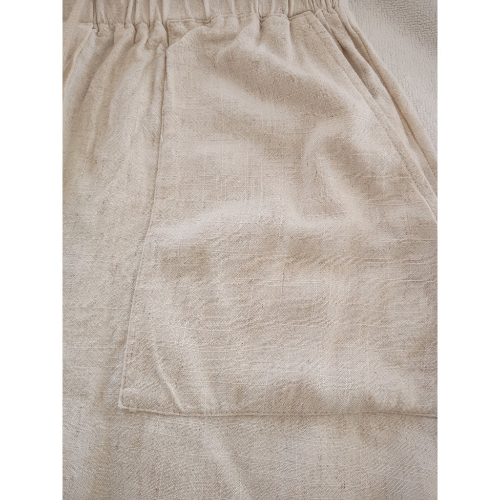 Linen Blend Wide Leg Pants Beige Paperbag Waist Drawstring Casual Comfort