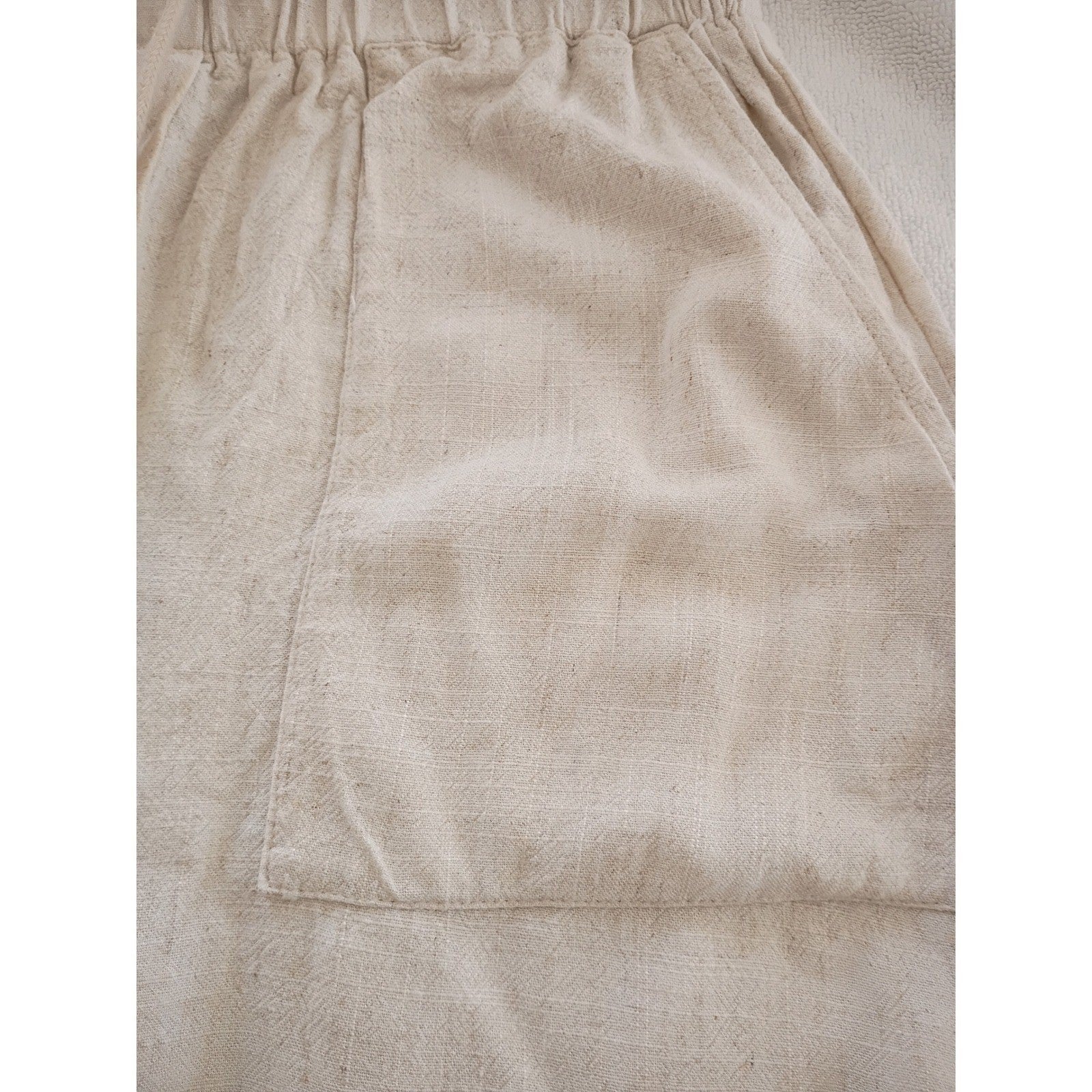 Linen Blend Wide Leg Pants Beige Paperbag Waist Drawstring Casual Comfort