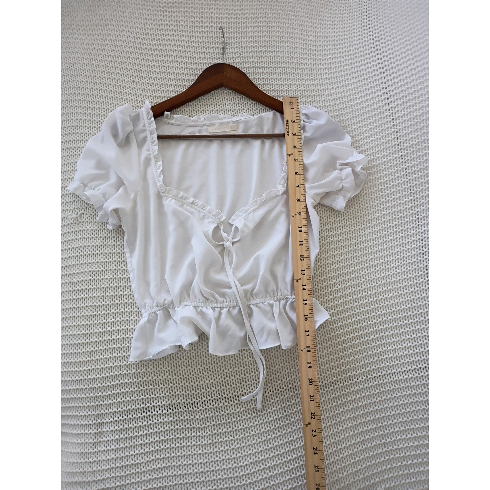 Urban Outfitters Coquette Ruffle Tie Front Puff Sleeve Crop Top White S