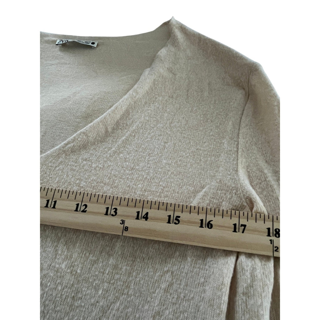 ZARA Beige Lightweight V-Neck Long Sleeve Knit Sweater Top S Sheer Minimalist