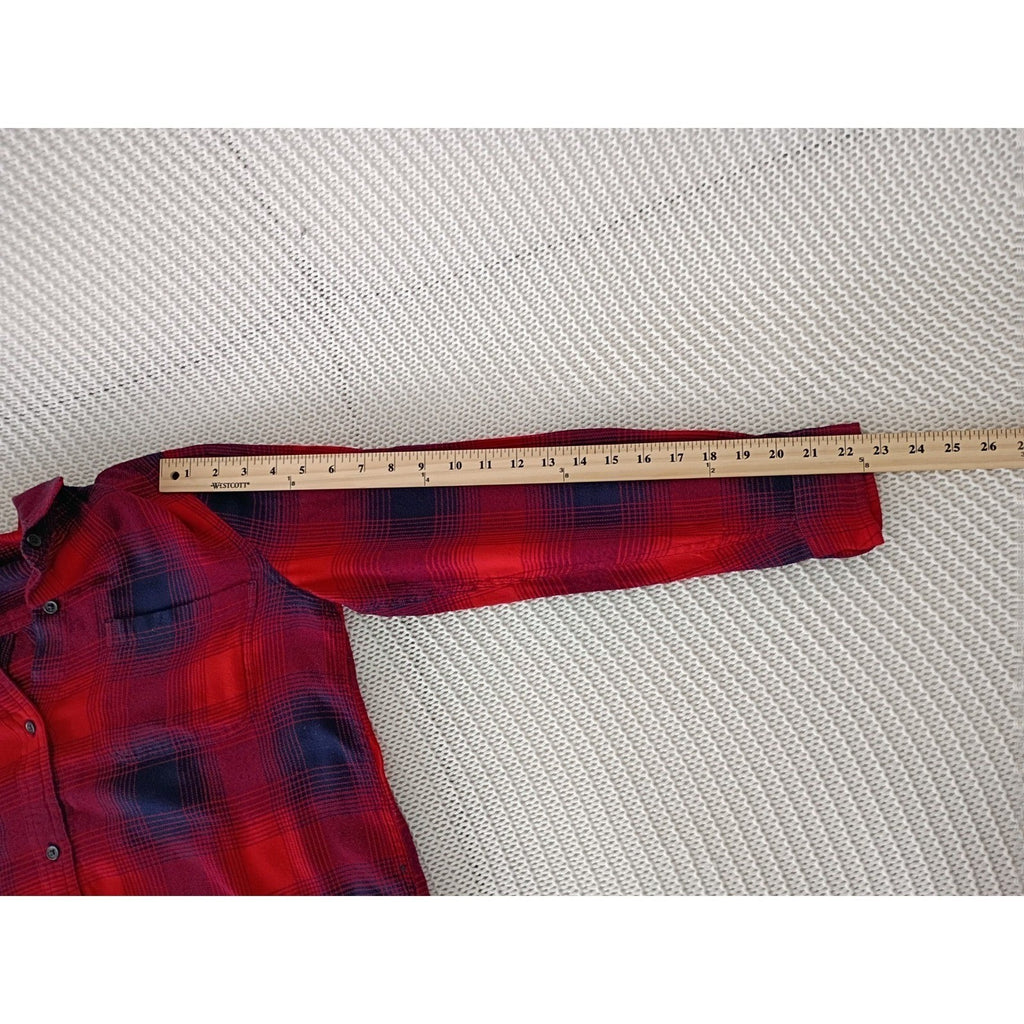Madewell Red Navy Plaid Button Down Shirt Cotton Blend Hi-Low Hem Fits Women M/L
