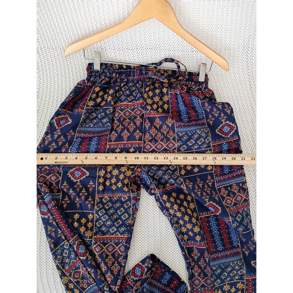 RHEA NWT Silk Blend Bohemian Patchwork Wide Leg Pants S/M Navy Red Gold Boho
