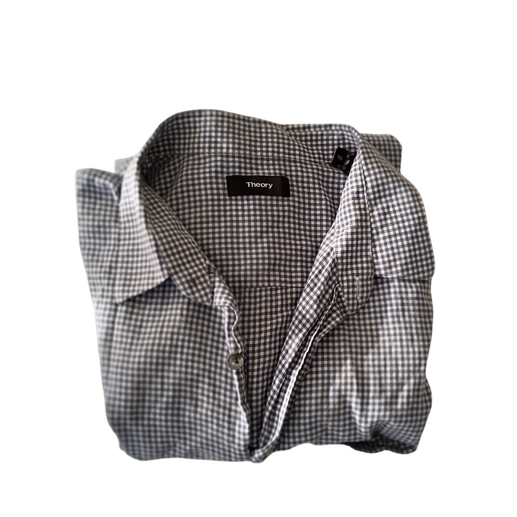Theory Gingham Check Shirt Blue White Long Sleeve Refined Classic XL