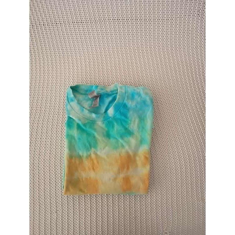 Blue Green Orange Tie Dye T-Shirt Vertical Stripe Cotton Tee Mens Fits S