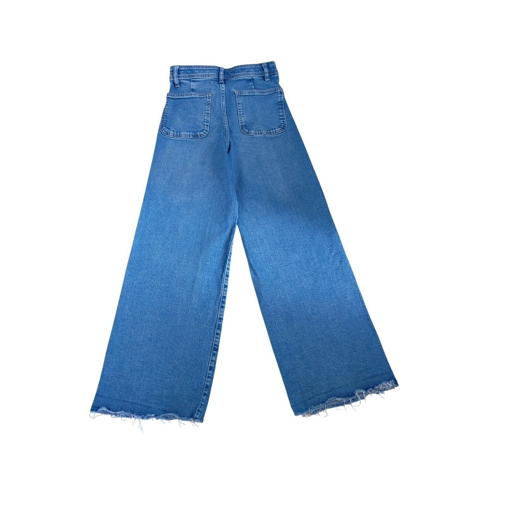 Zara High Super High Rise Wide Leg Jeans Blue Denim Frayed Hem Womens 24x28