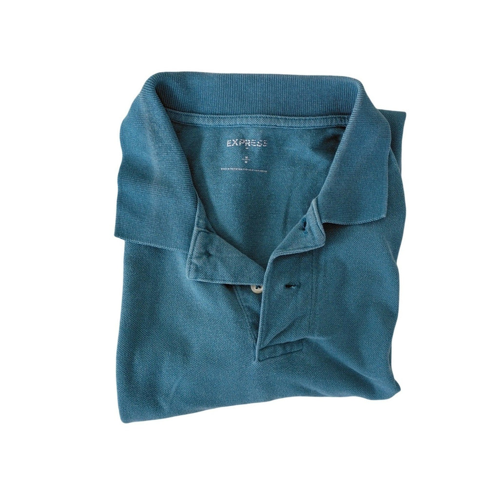 EXPRESS Mens Polo Shirt Teal Green Short Sleeve 100% Cotton L Classic