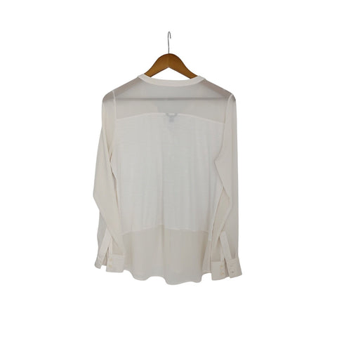 Ann Taylor White Sheer Panel Button Front Blouse Top Size M