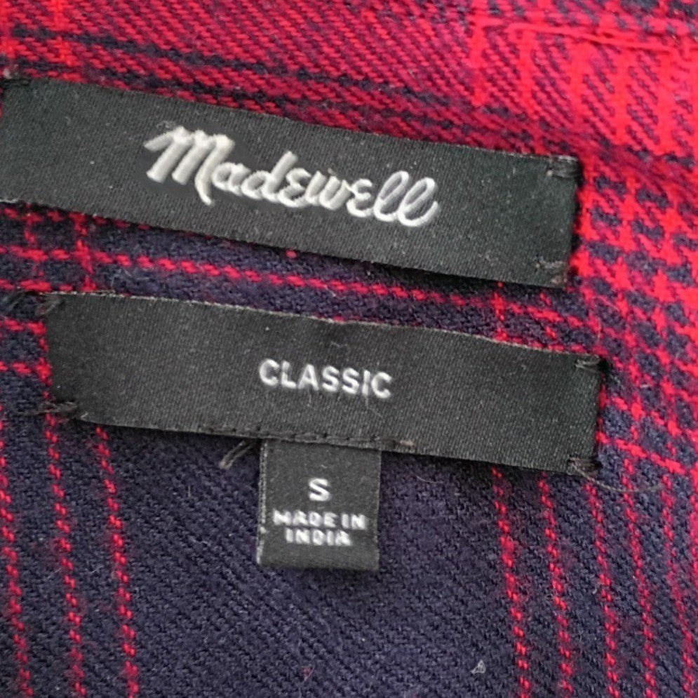 Madewell Red Navy Plaid Button Down Shirt Cotton Blend Hi-Low Hem Fits Women M/L