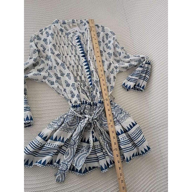RHEA Blue White Block Print 100% Cotton Blouse L/XL Boho Bell Sleeve Tie Artisan