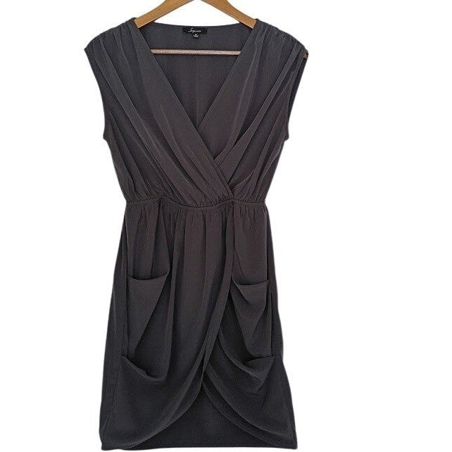 Grey Dolman Sleeve Faux Wrap Midi Dress with Pockets Elegant Romantic Neutral S