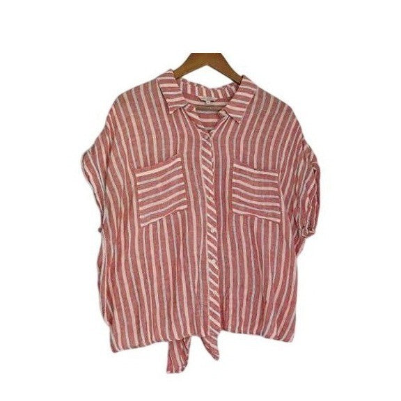 LUCKY BRAND Striped Button Up Tie Frnt Shirt Red Wht Blue Linen Blend XL Coastal
