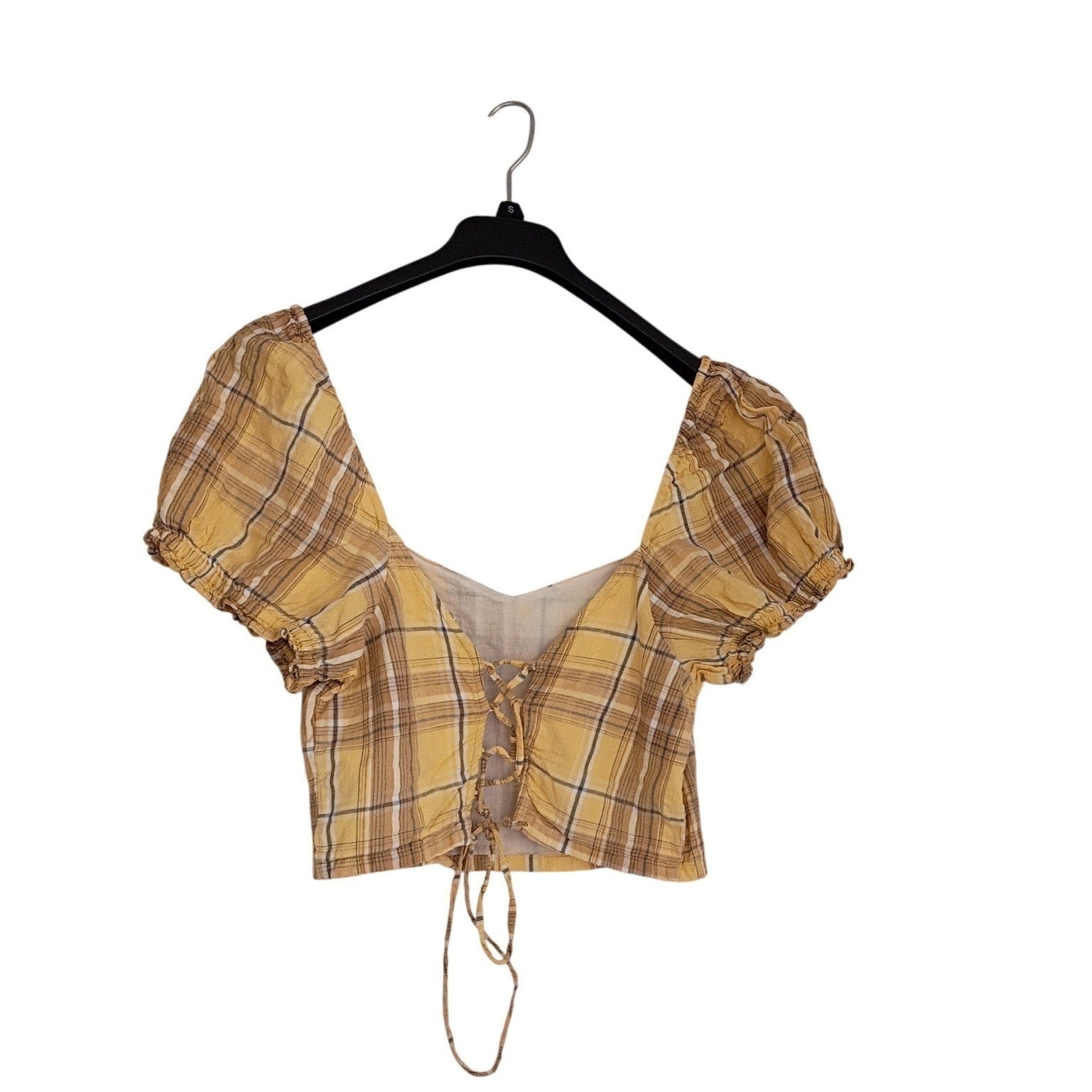 Dizzy Lizzy Yellow Plaid Lace Up Back Puff Sleeve Crop Top XL Cotton Cottagecore