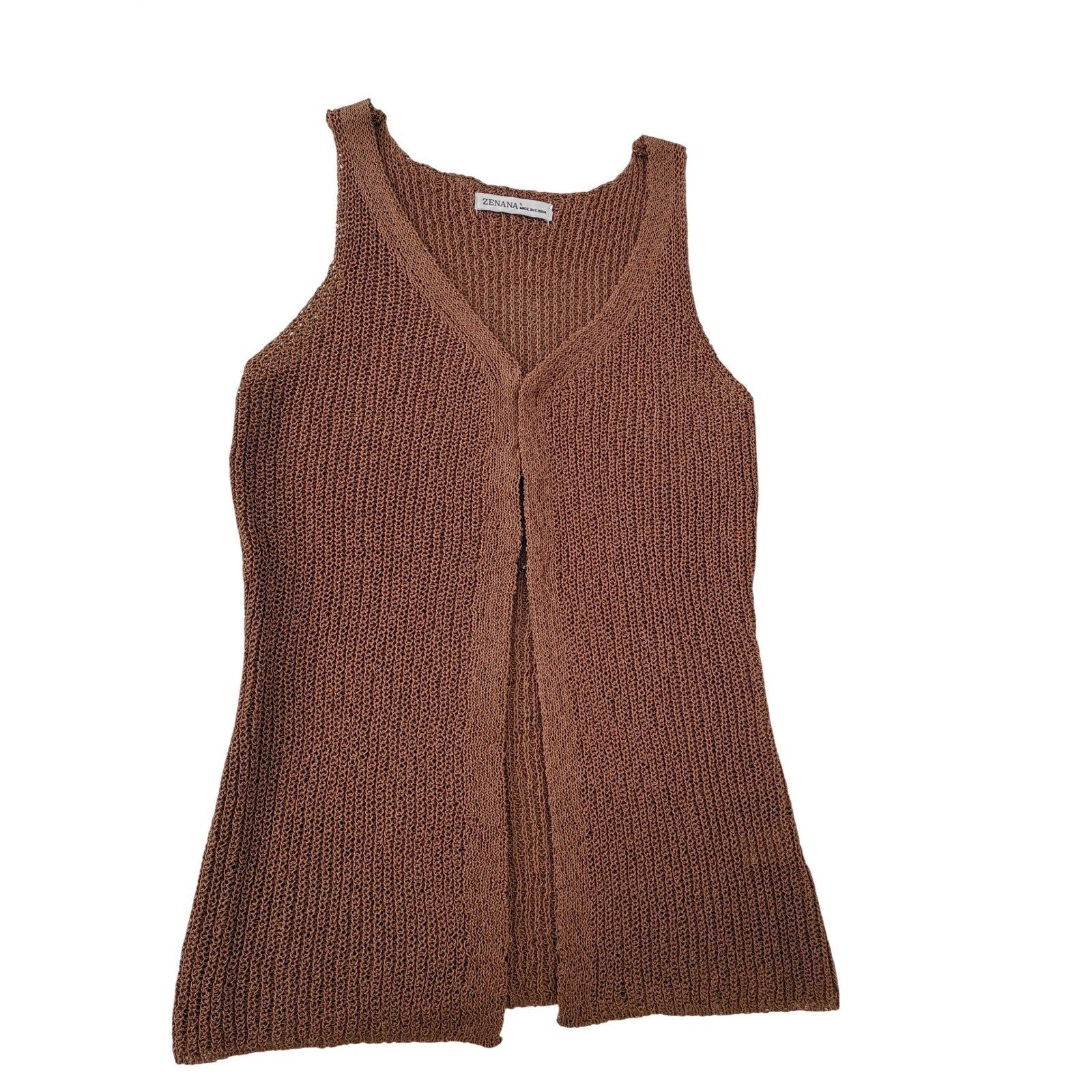 NWT Zenana Boho Festive Brown Crochet Knit Open Front Vest Sleeveless Cardigan S