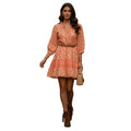 NWT RHEA Peach Gold Metallic Ikat Boho Tiered 100% Cotton Mini Dress L XL V-Neck