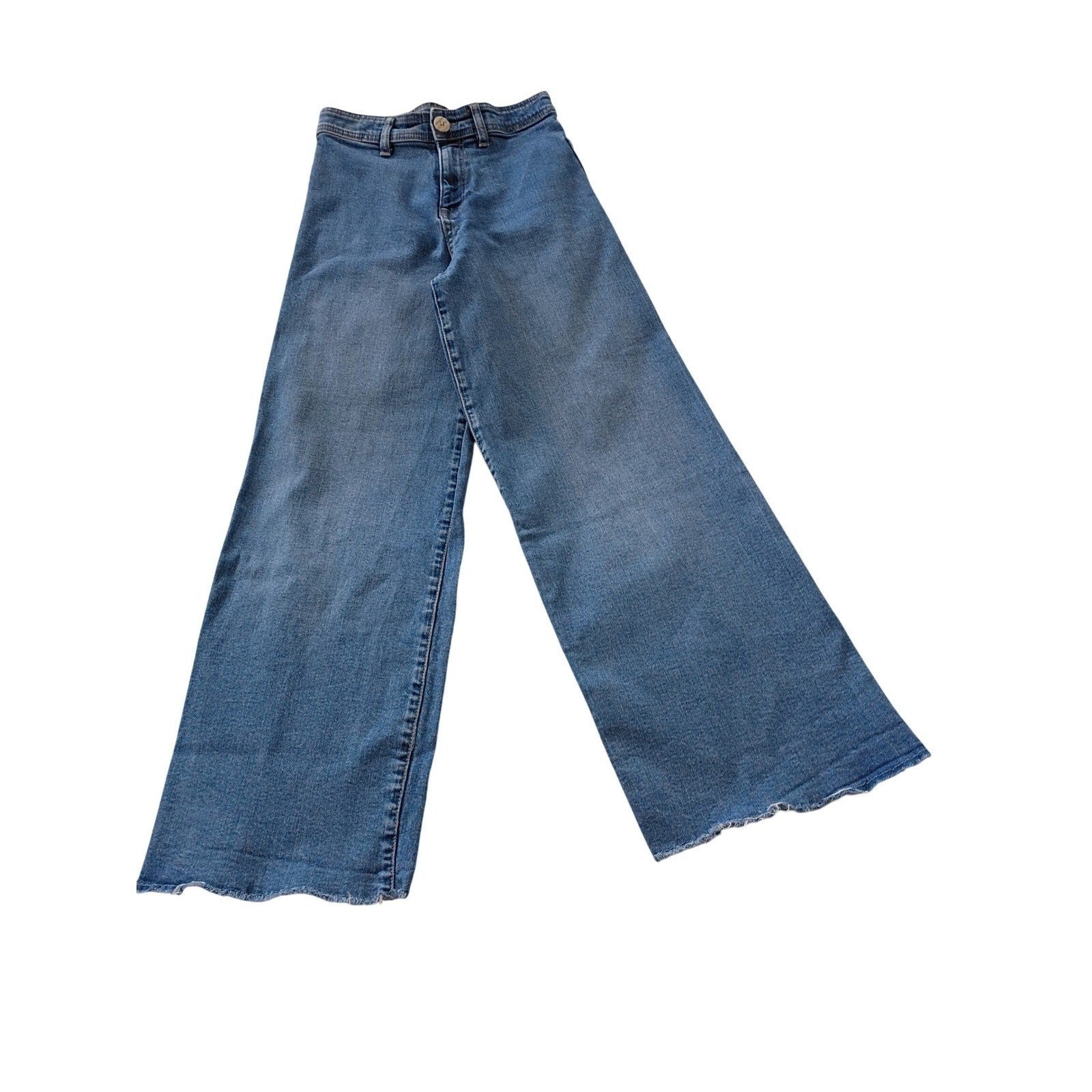 Zara High Super High Rise Wide Leg Jeans Blue Denim Frayed Hem Womens 24x28